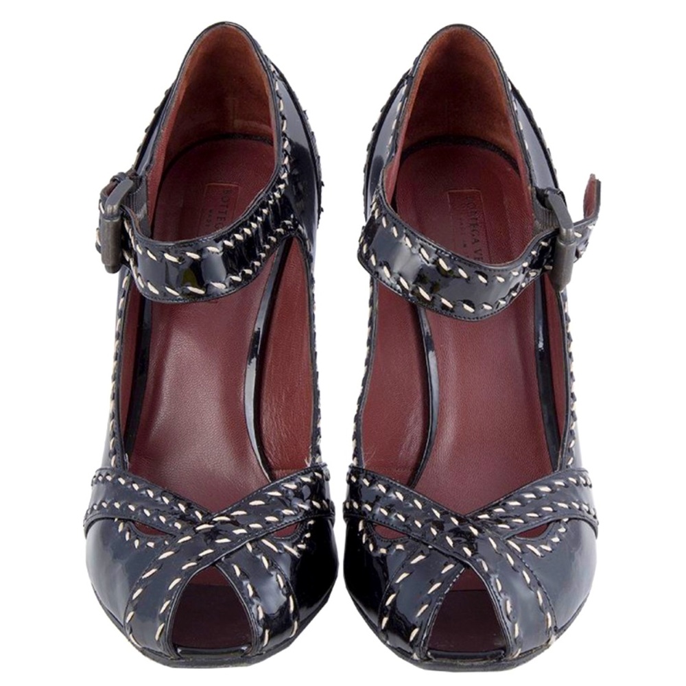 Bottega Veneta Black Patent Leather Mary Jane Peep Toe Stitching Heels Sz 38.5/8